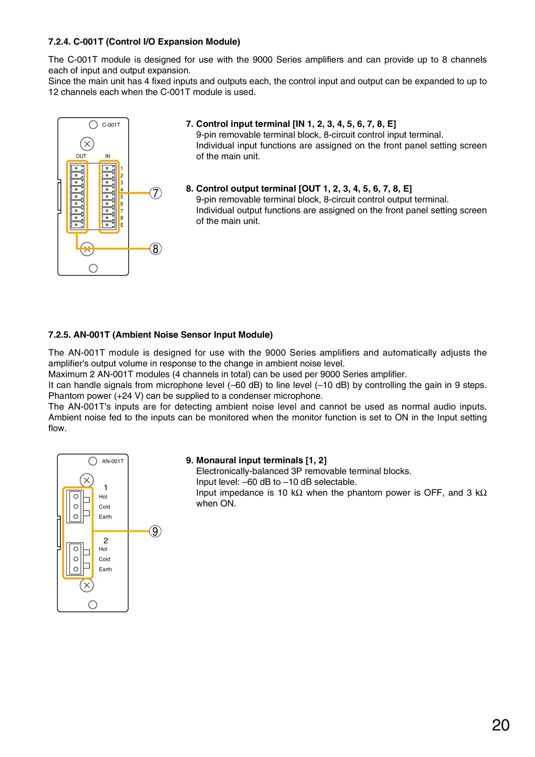 Vax M-9000 4. C-001T Control I/O Expansion Module, Control input terminal in 1, 2, 3, 4, 5, 6, 7, 8, E 