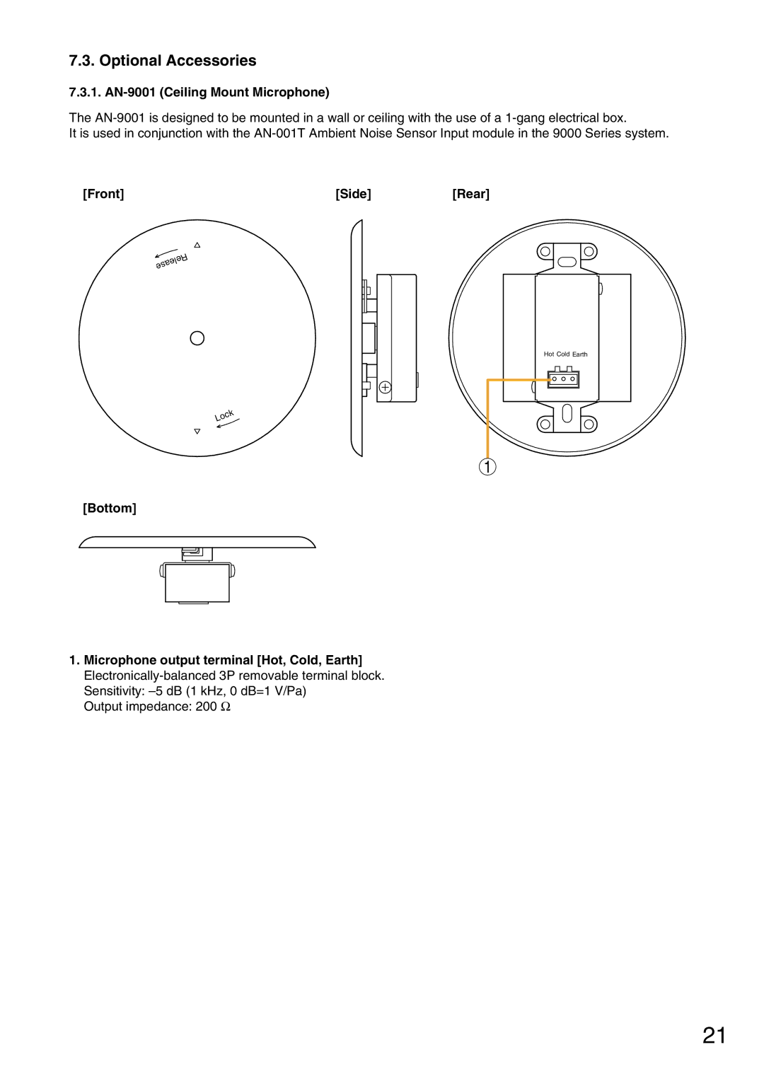 Vax M-9000 operating instructions Optional Accessories, AN-9001 Ceiling Mount Microphone, Front Side Rear 