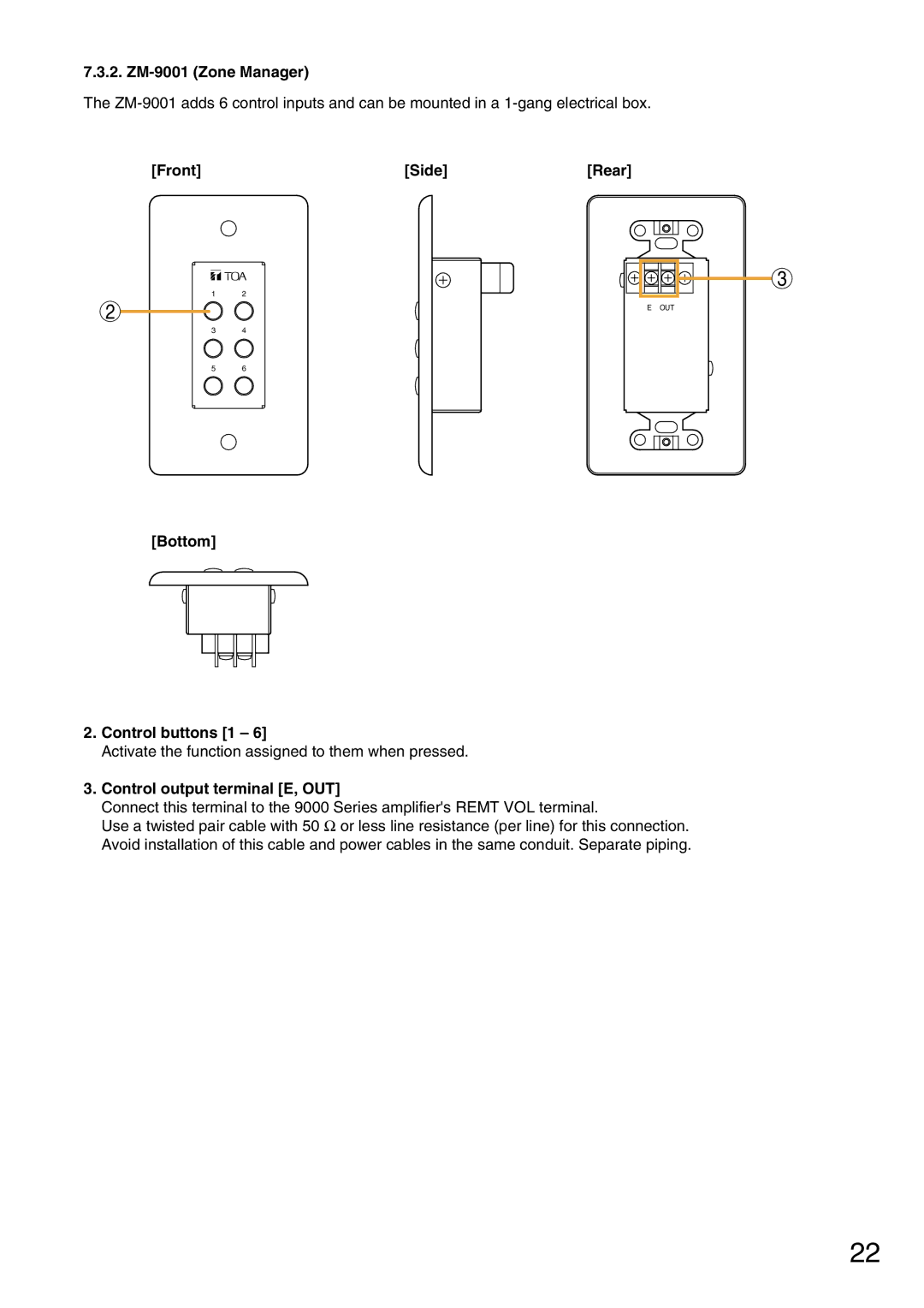 Vax M-9000 operating instructions ZM-9001 Zone Manager, Bottom Control buttons 1, Control output terminal E, OUT 