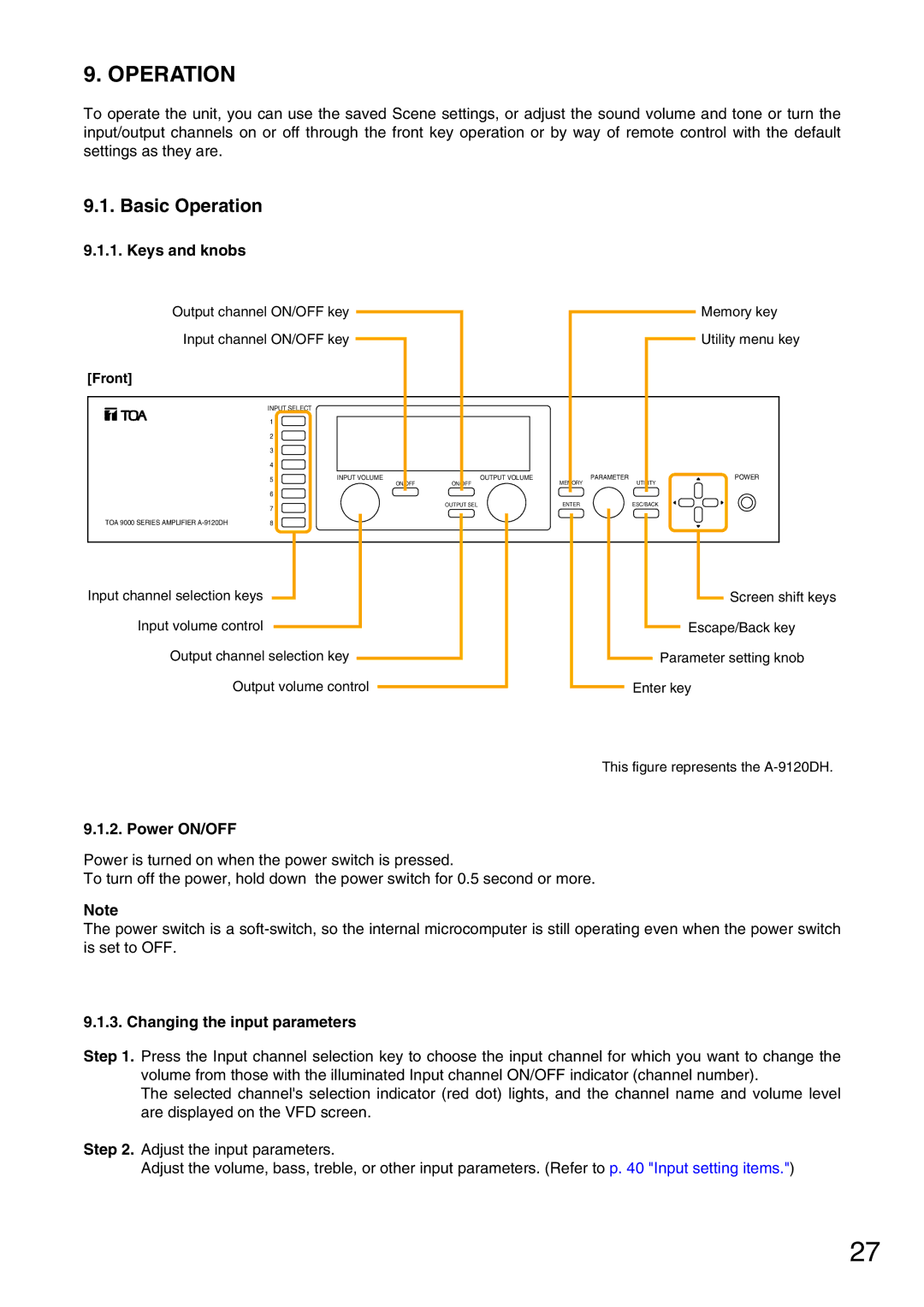 Vax M-9000 operating instructions Basic Operation, Keys and knobs, Power ON/OFF, Changing the input parameters 