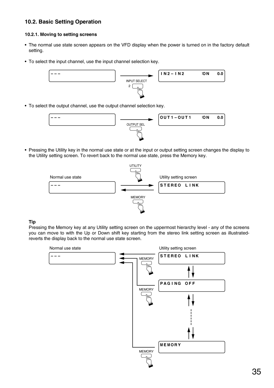 Vax M-9000 operating instructions Basic Setting Operation, Moving to setting screens, Tip 