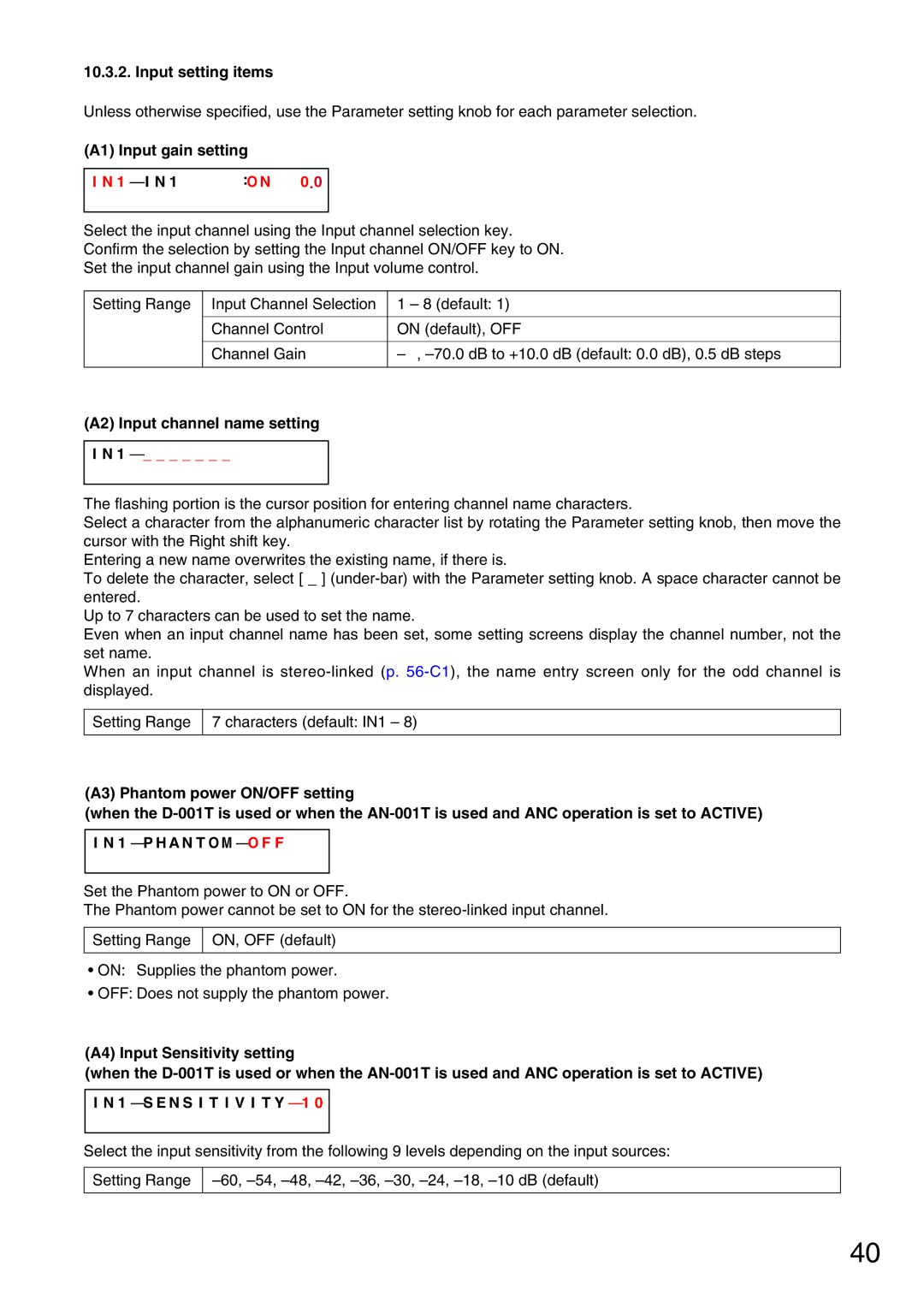 Vax M-9000 operating instructions Input setting items, A1 Input gain setting, 1 I N, A2 Input channel name setting 