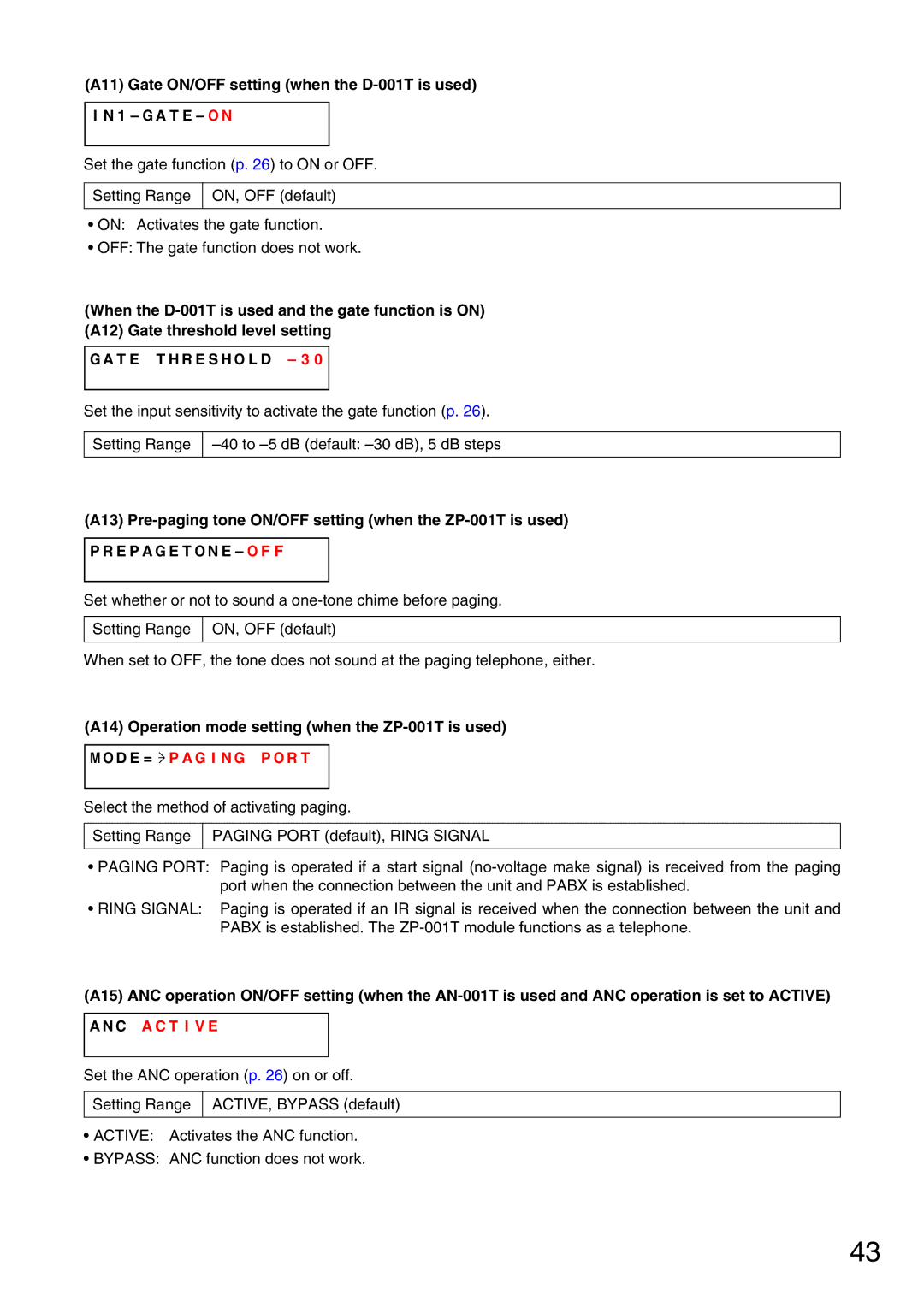 Vax M-9000 operating instructions A14 Operation mode setting when the ZP-001T is used, D E = P a G I N G P O R T 