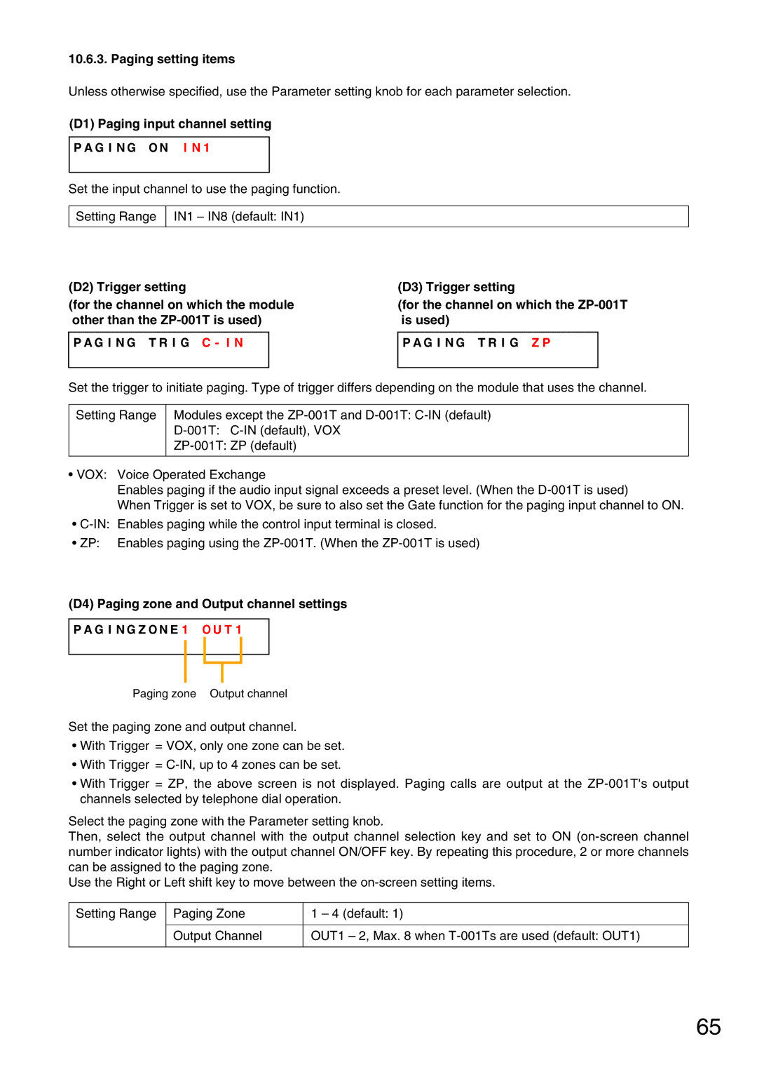 Vax M-9000 Paging setting items, D1 Paging input channel setting G I N G O N I N, G I N G T R I G Z P 