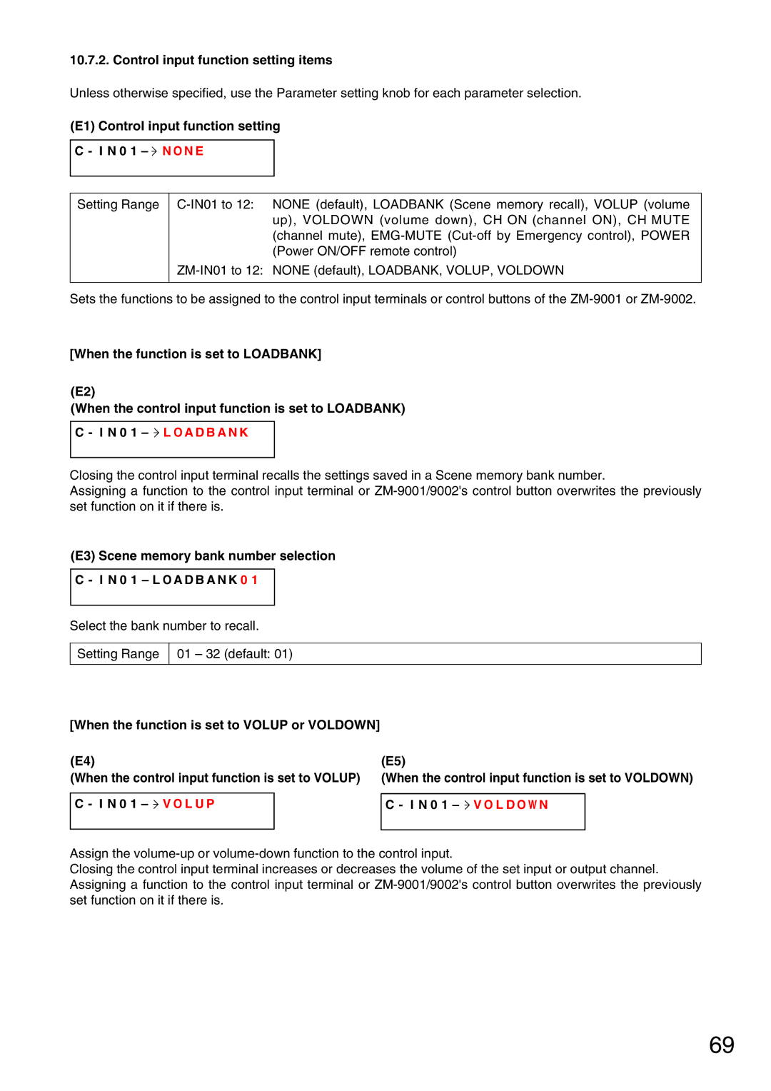 Vax M-9000 Control input function setting items, E1 Control input function setting N 0 1 N O N E, N 0 1 L O a D B a N K 