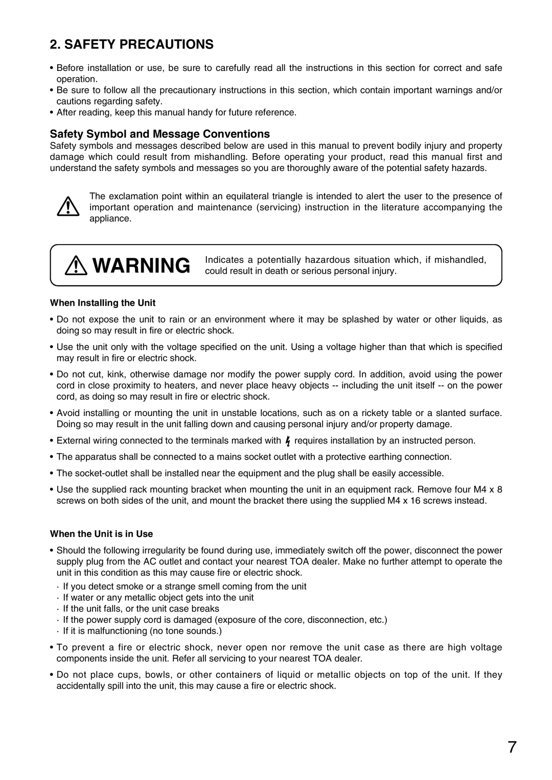 Vax M-9000 Safety Precautions, Safety Symbol and Message Conventions, When Installing the Unit, When the Unit is in Use 