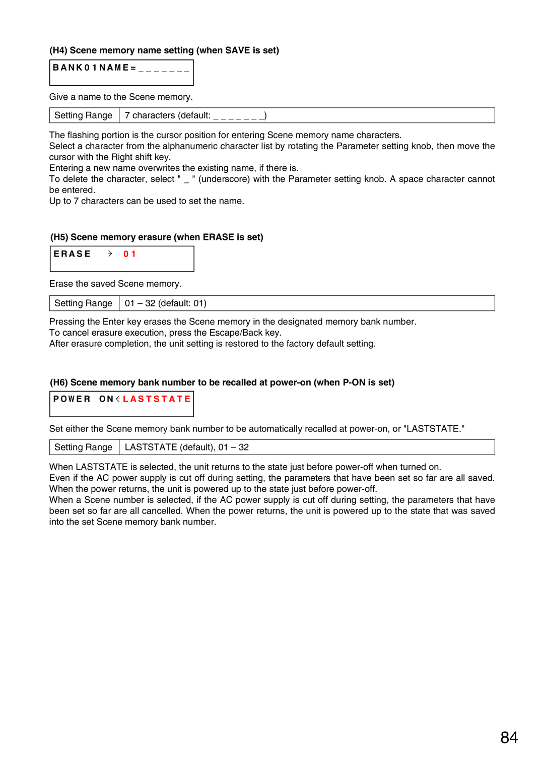 Vax M-9000 operating instructions H5 Scene memory erasure when Erase is set, A S E, W E R O N L a S T S T a T E 