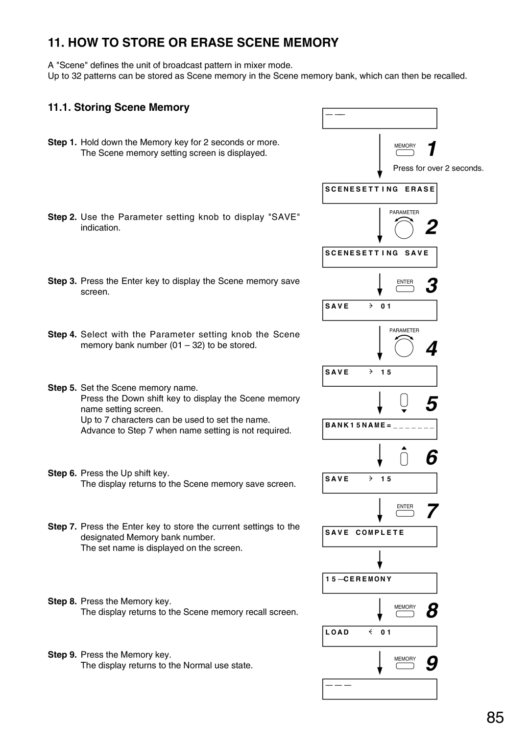 Vax M-9000 operating instructions HOW to Store or Erase Scene Memory, Storing Scene Memory 