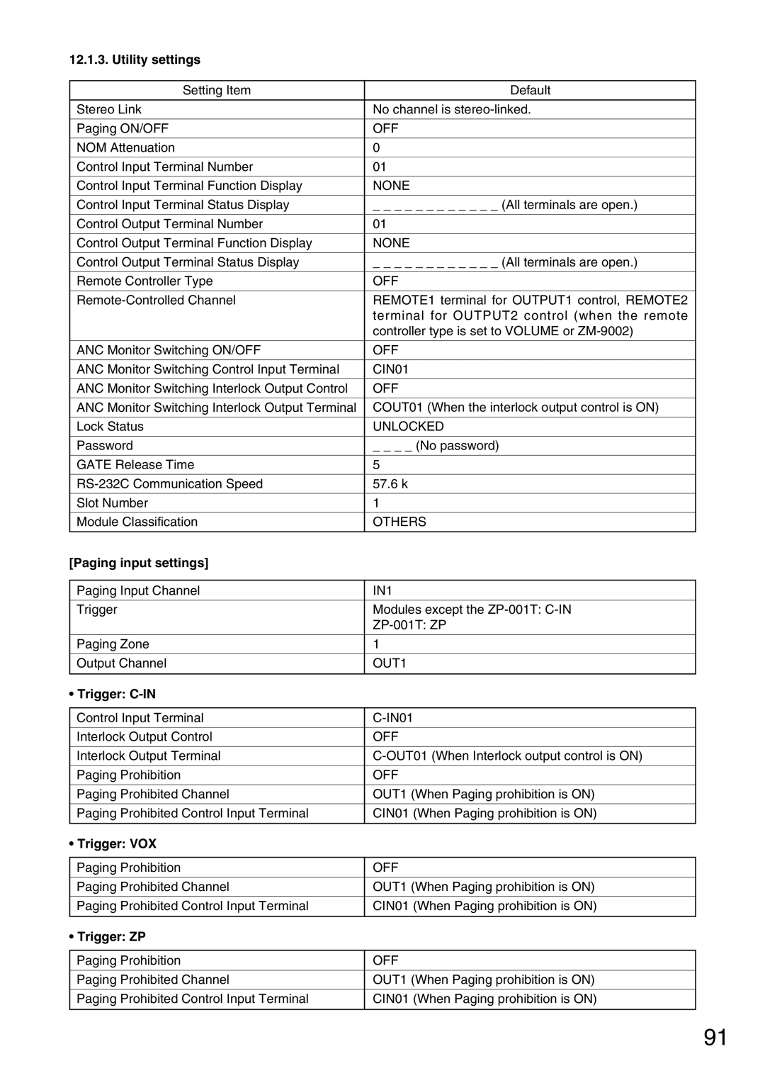 Vax M-9000 operating instructions Utility settings, Paging input settings, Trigger C-IN, Trigger VOX, Trigger ZP 