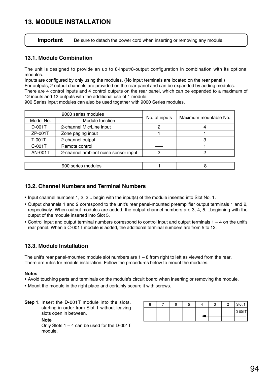 Vax M-9000 operating instructions Module Installation, Module Combination, Channel Numbers and Terminal Numbers 