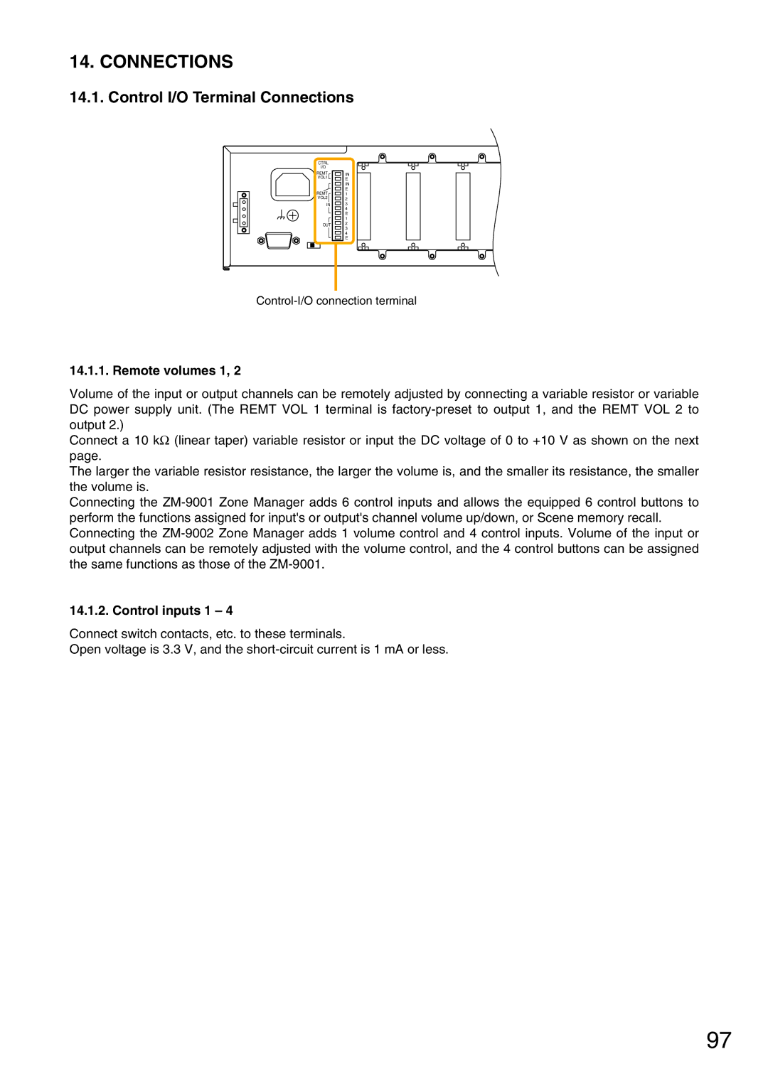 Vax M-9000 operating instructions Control I/O Terminal Connections, Remote volumes 1, Control inputs 1 