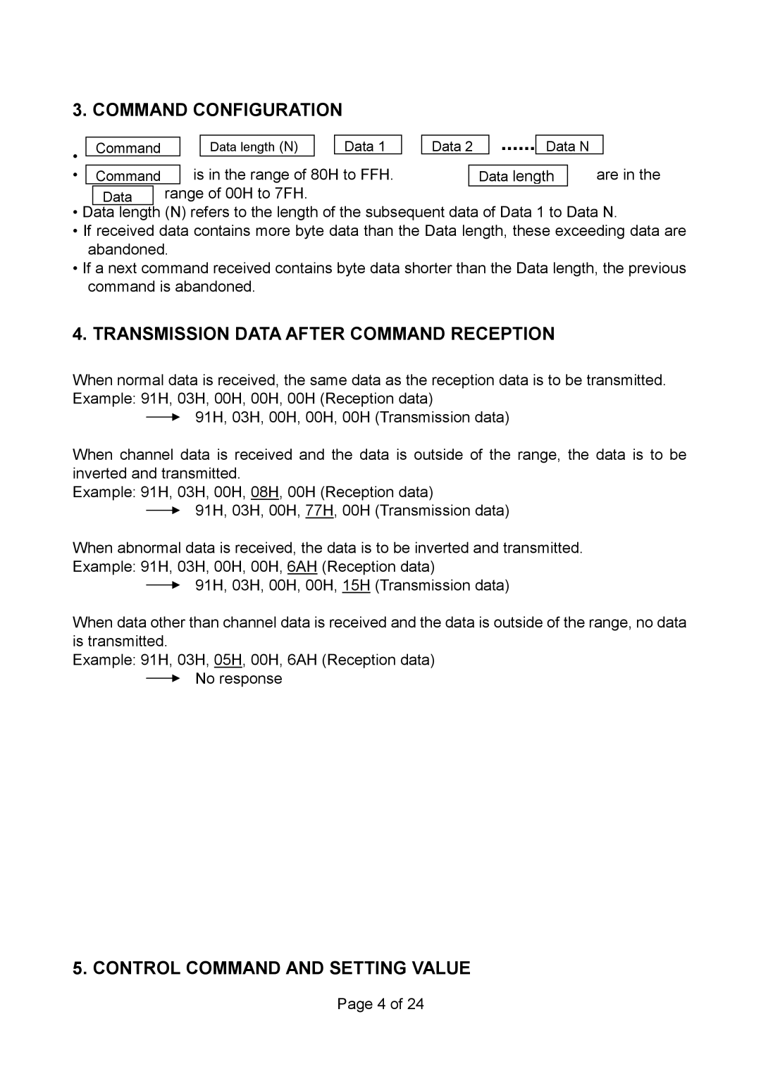 Vax RS 232C manual Command Configuration, Transmission Data After Command Reception, Control Command and Setting Value 