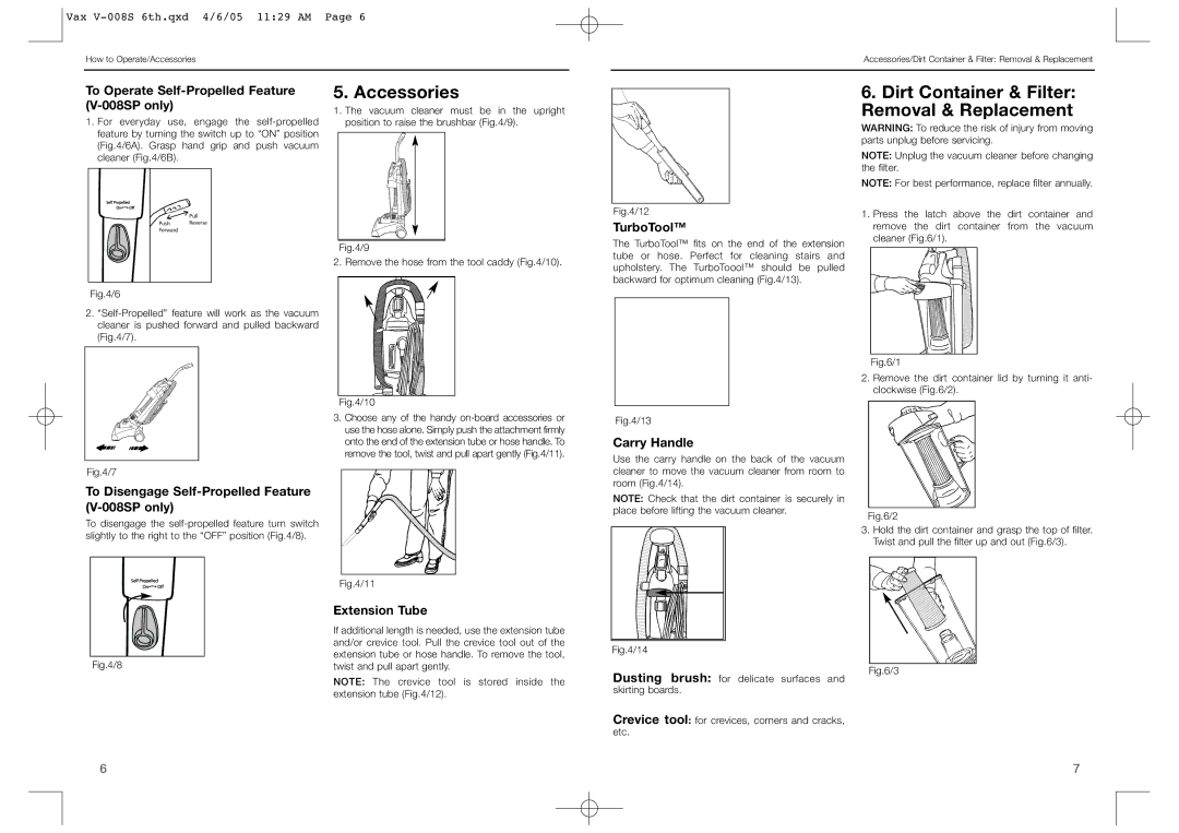 Vax V-008 instruction manual Accessories, Dirt Container & Filter Removal & Replacement 