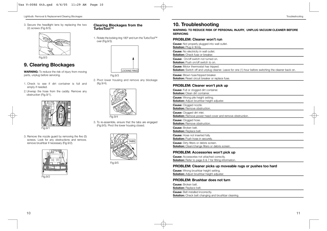 Vax V-008 instruction manual Troubleshooting, Clearing Blockages 