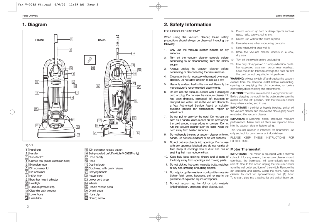 Vax instruction manual Diagram, Vax V-008S6th.qxd 4/6/05 11 29 AM Page 
