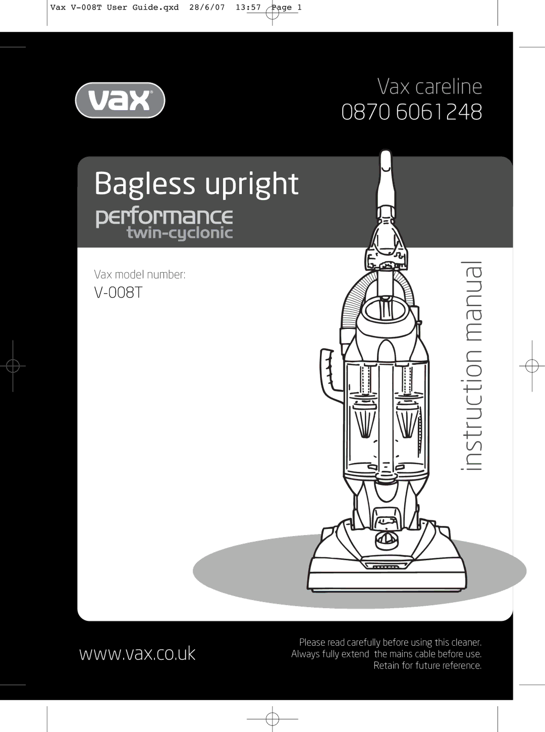 Vax V-008T instruction manual Bagless upright 