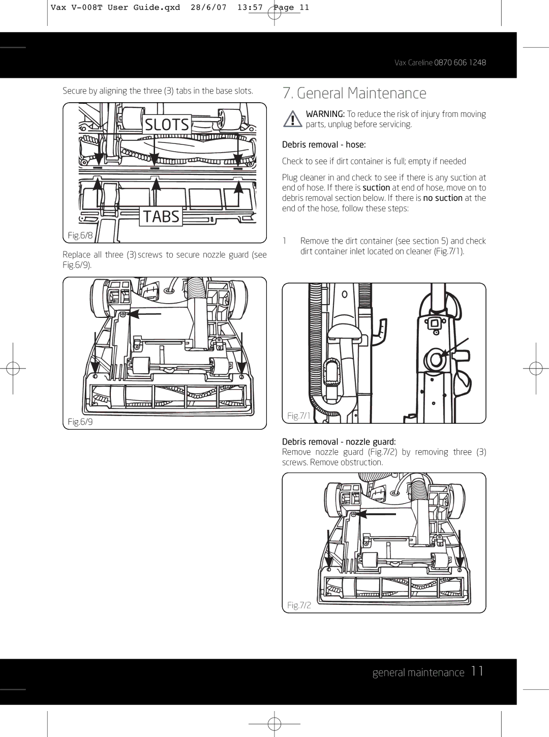 Vax V-008T instruction manual General Maintenance, General maintenance 