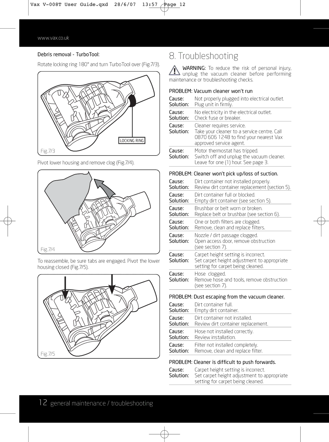 Vax V-008T instruction manual Troubleshooting, General maintenance / troubleshooting 