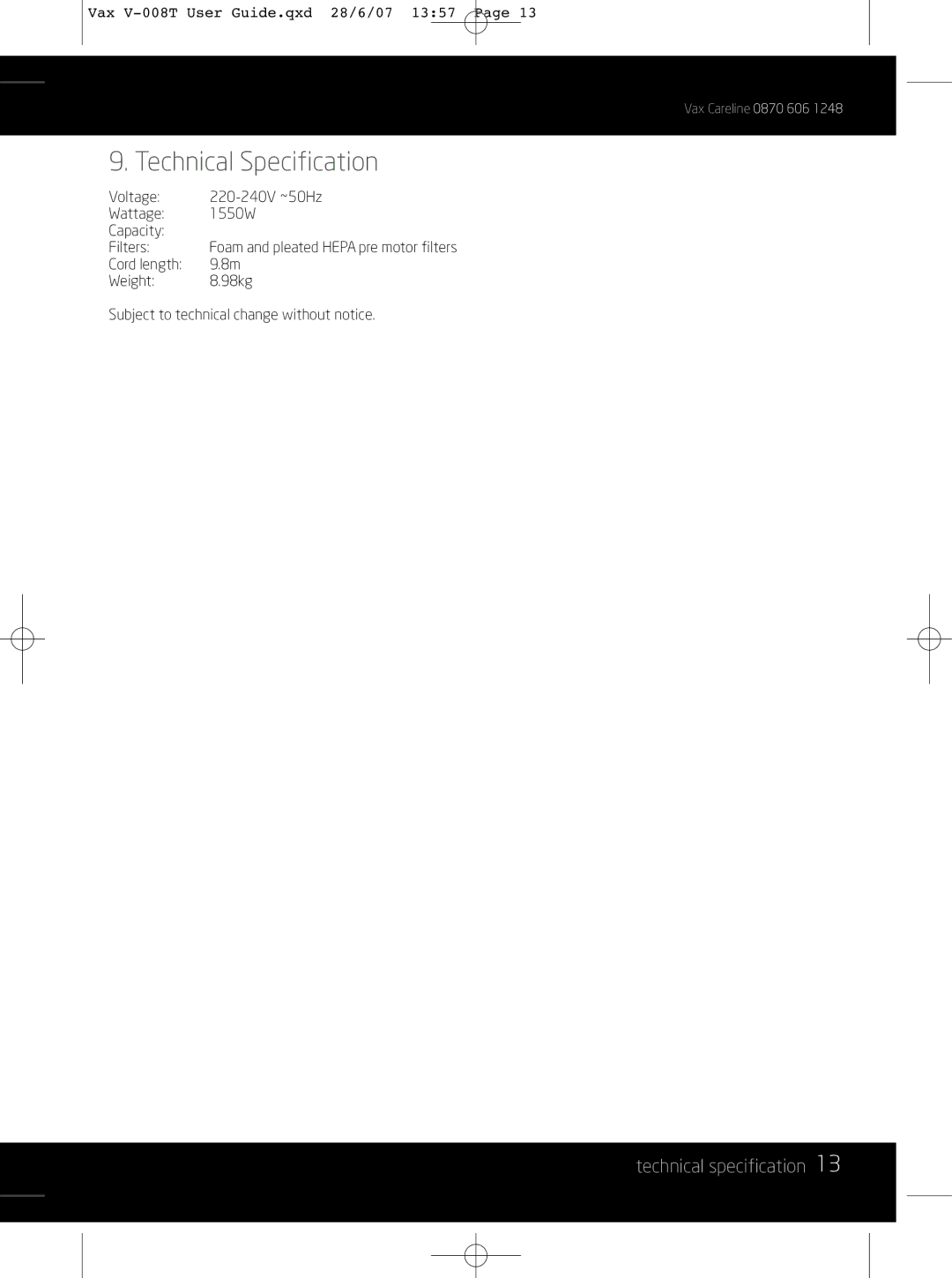 Vax V-008T instruction manual Technical Specification, Technical specification 