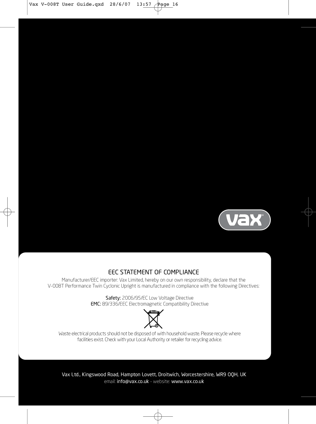 Vax V-008T instruction manual EEC Statement of Compliance 