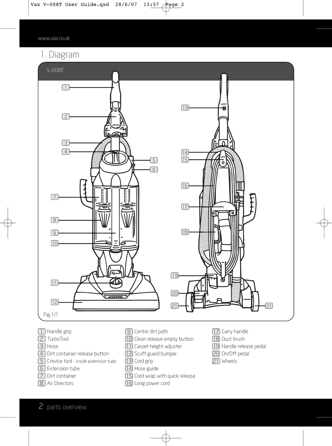 Vax V-008T instruction manual Diagram, Parts overview 