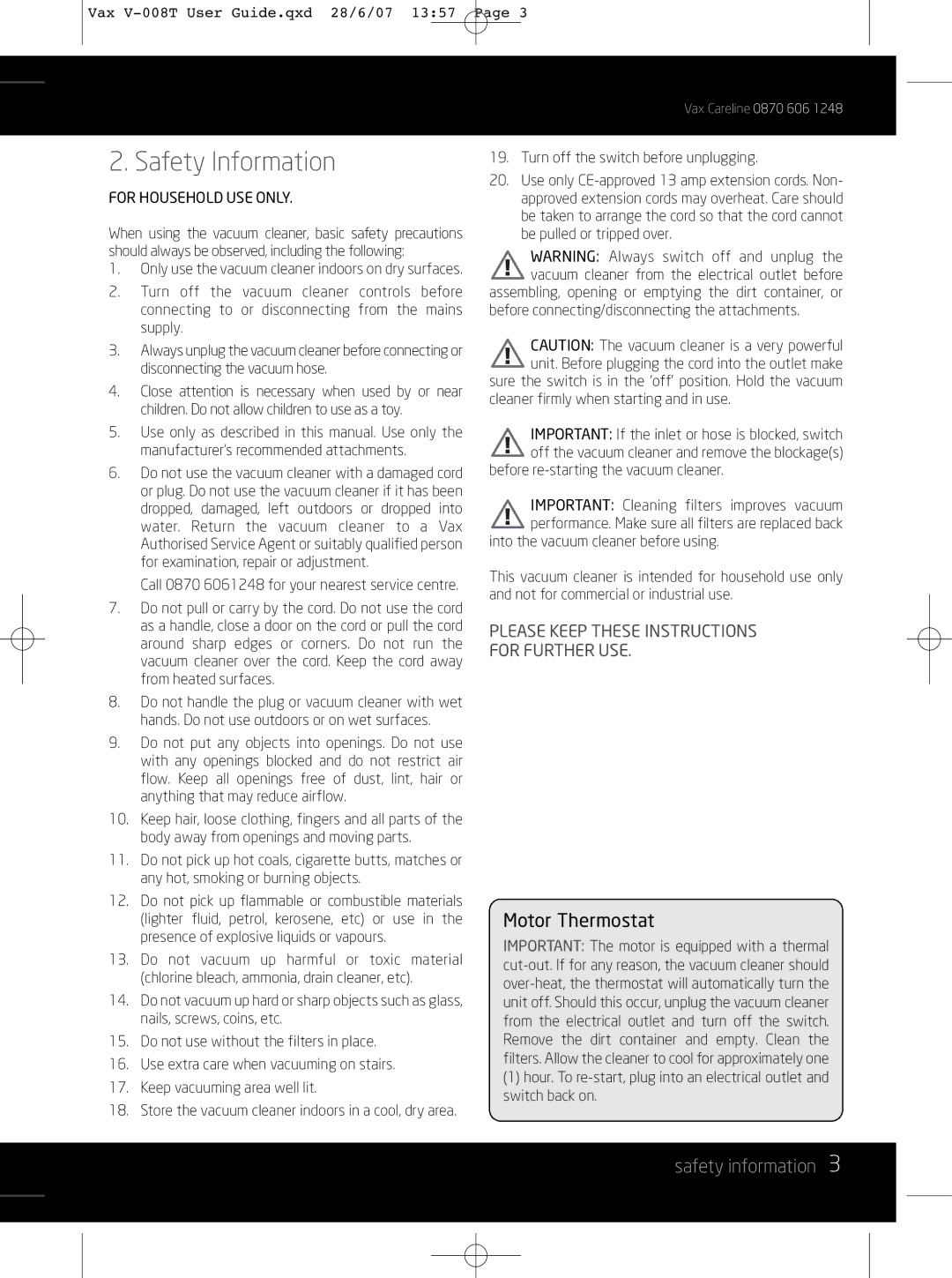 Vax V-008T instruction manual Safety Information, Safety information 