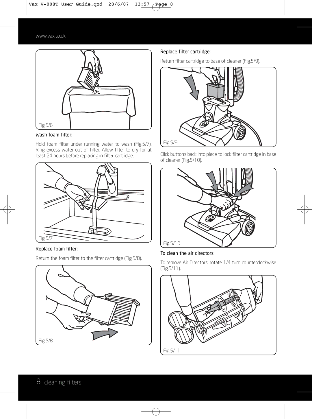 Vax V-008T instruction manual Cleaning filters 