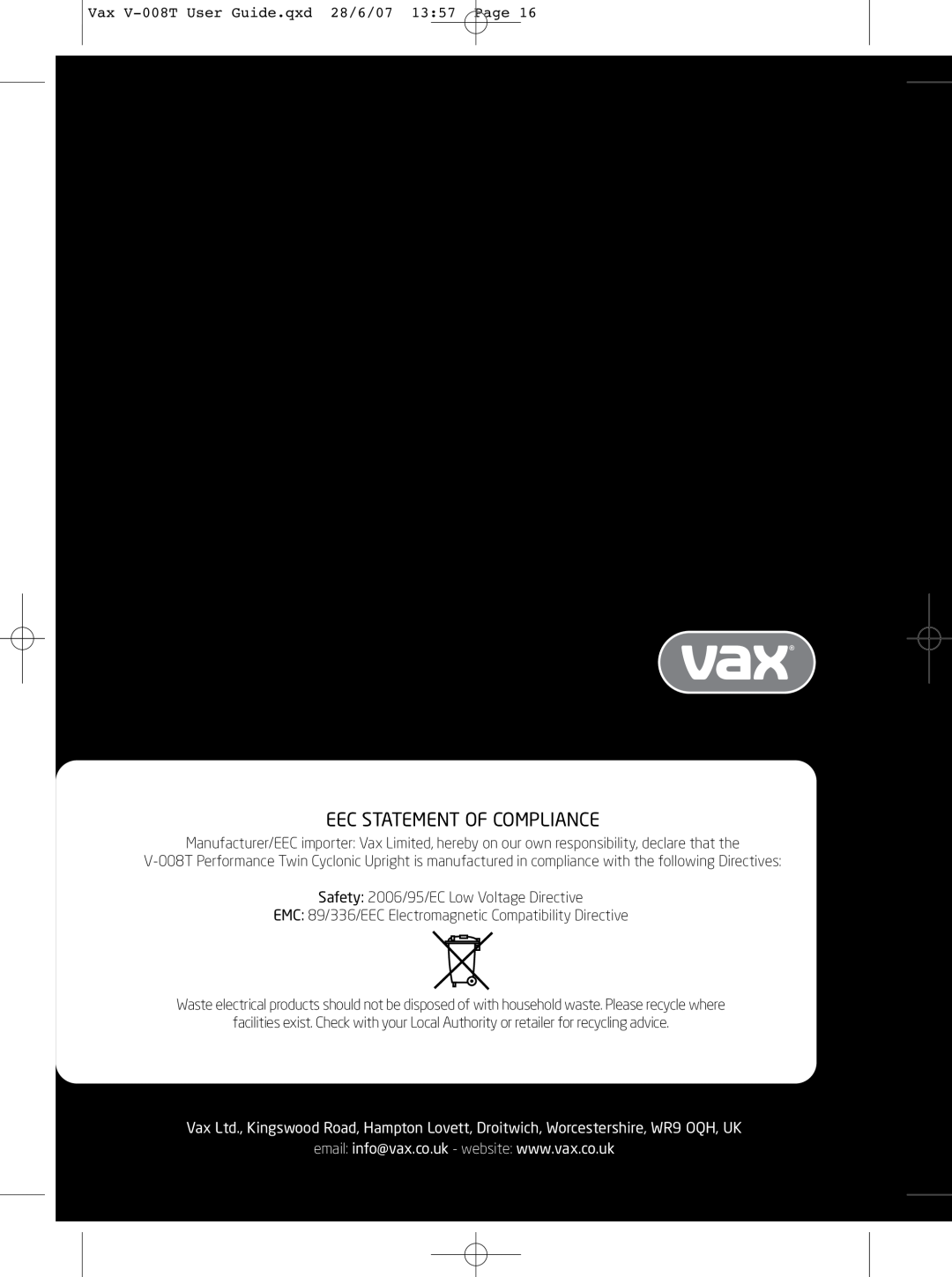 Vax V-008T instruction manual Eec Statement Of Compliance 