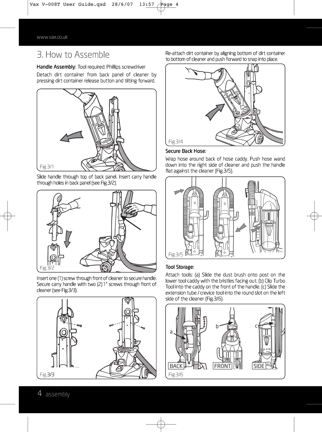 Vax V-008T instruction manual How to Assemble, 4assembly 