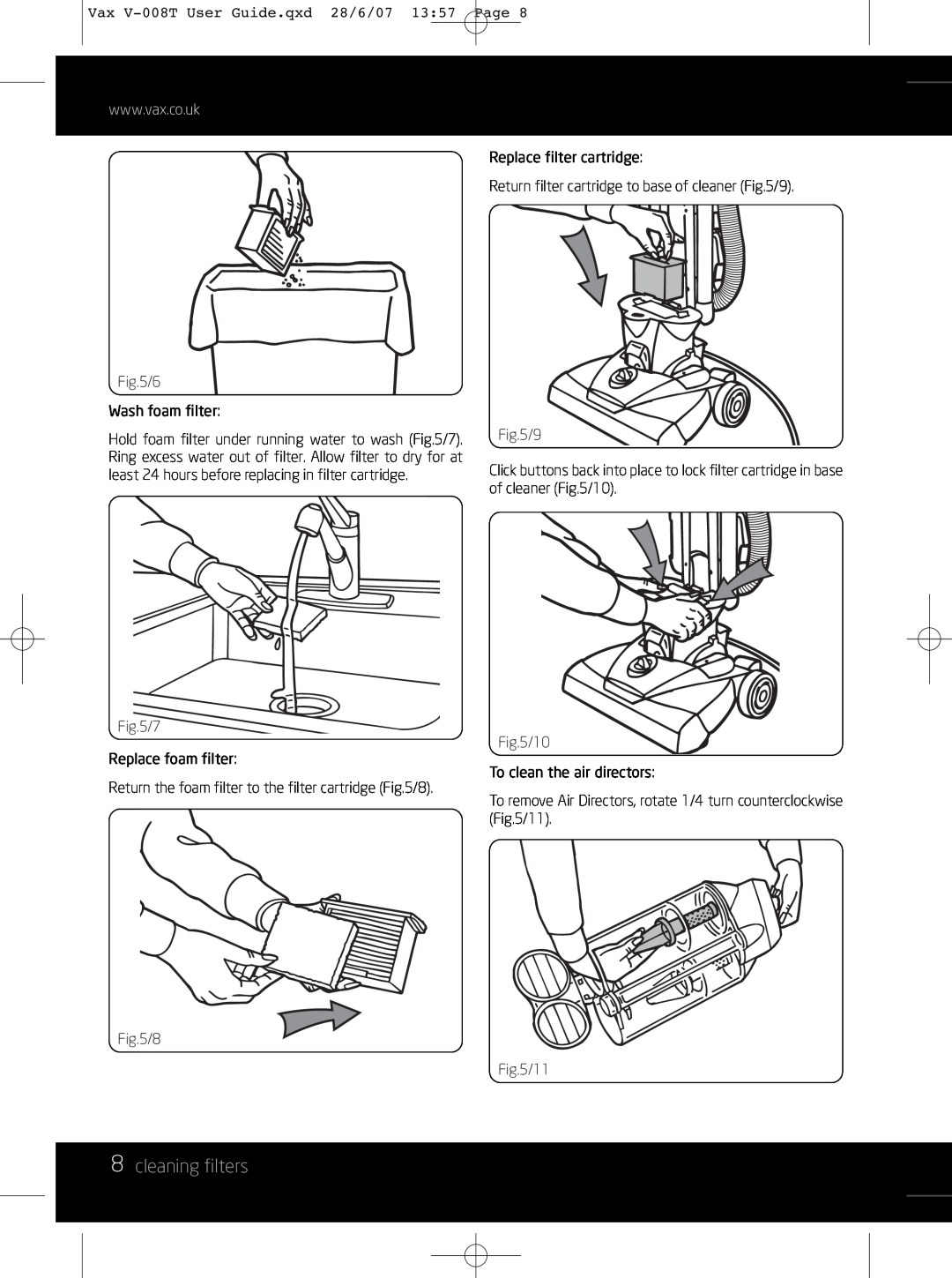 Vax V-008T instruction manual 8cleaning filters 