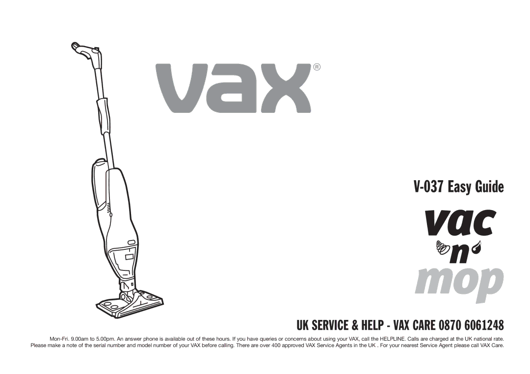 Vax V-037 manual Easy Guide 