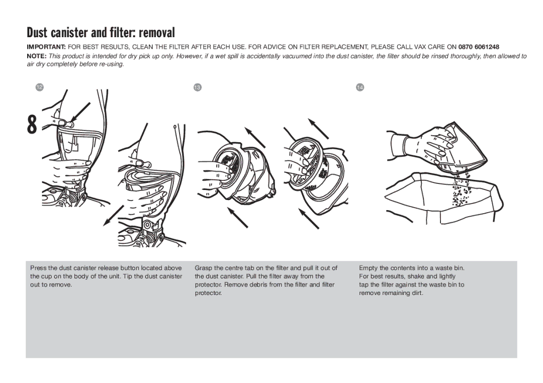 Vax V-037 manual Dust canister and filter removal 