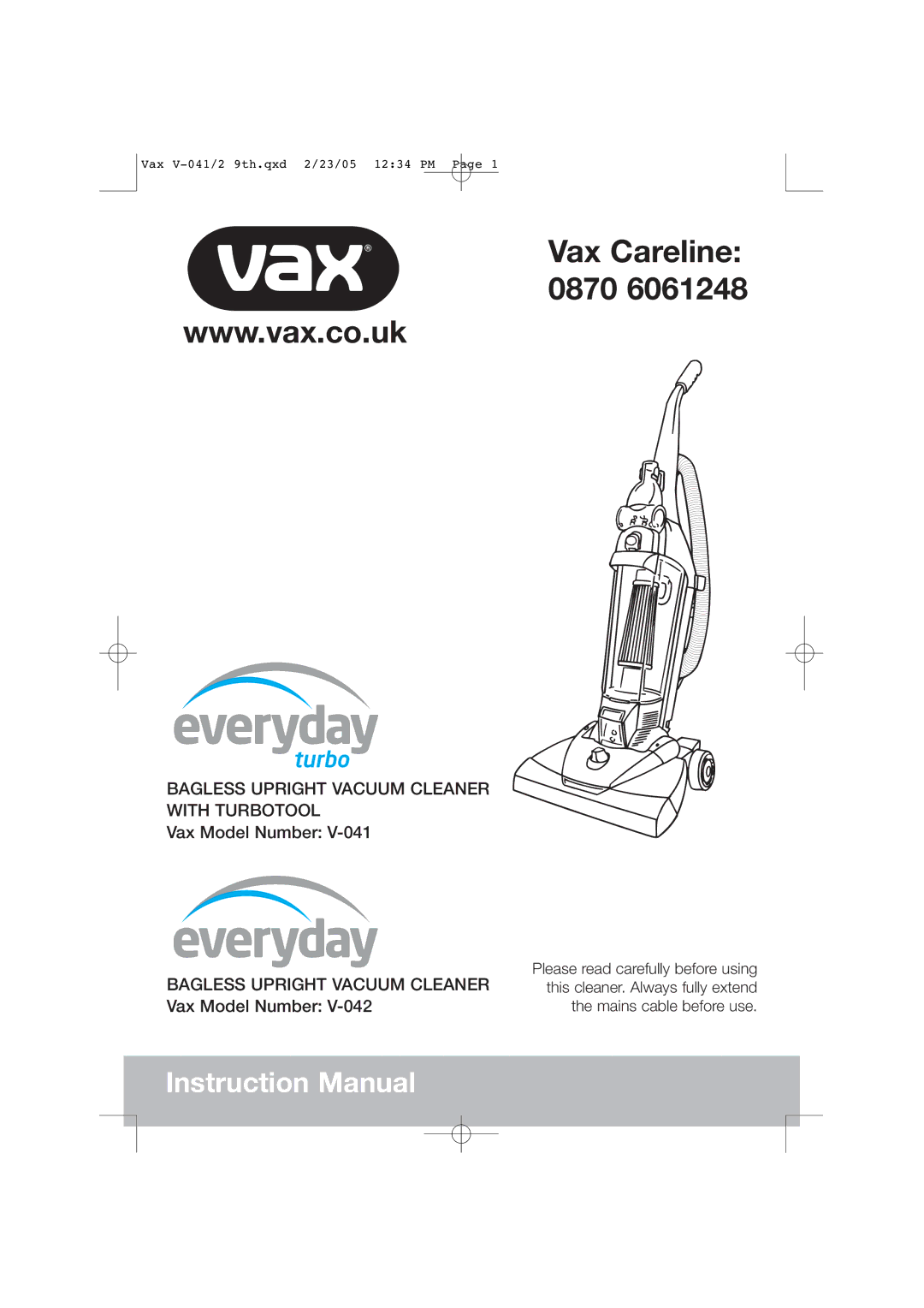 Vax V-041, V-042 instruction manual Vax Careline 0870 