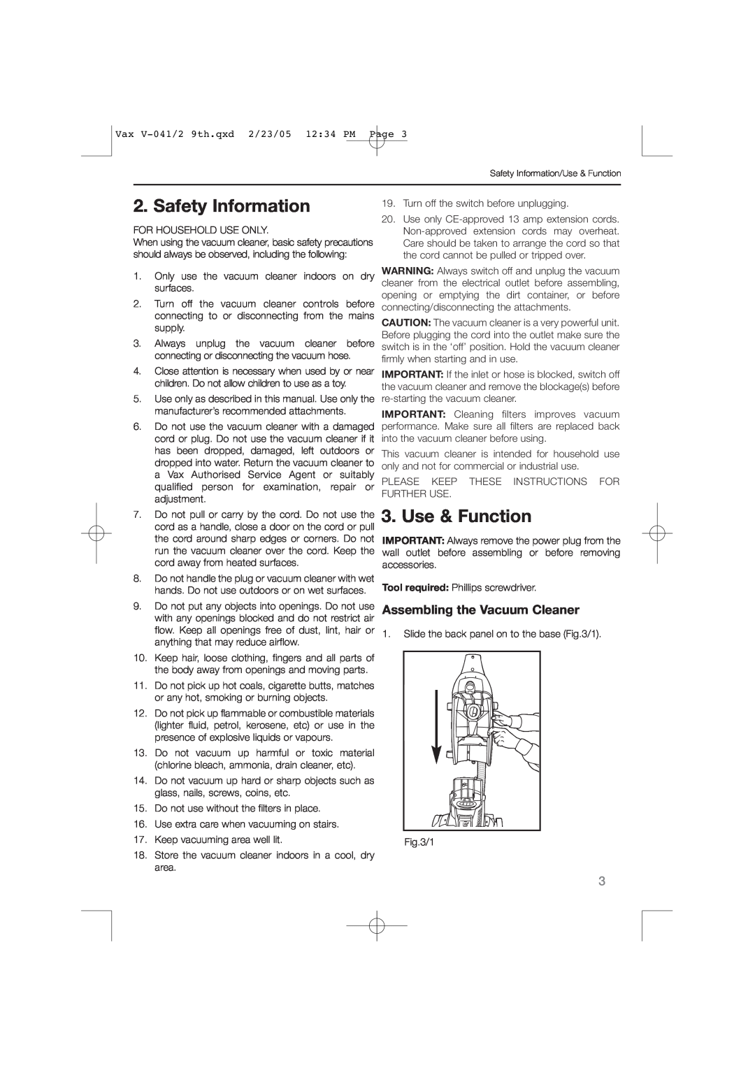 Vax V-041, V-042 instruction manual Safety Information, Use & Function, Assembling the Vacuum Cleaner 