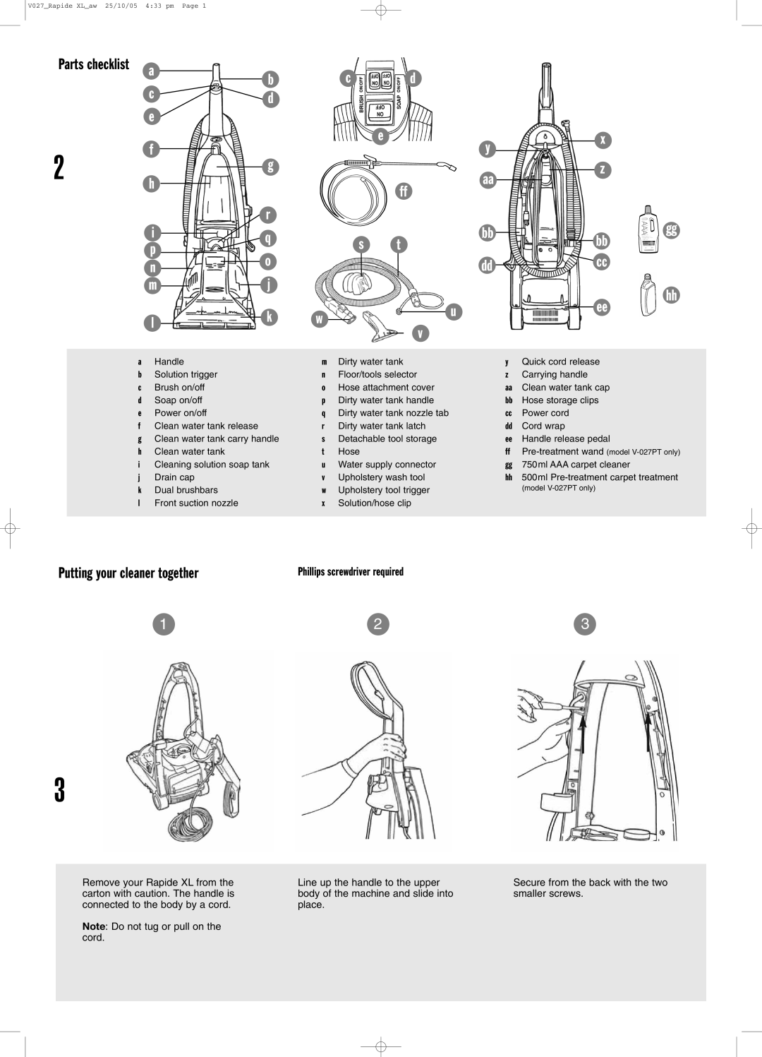 Vax VO27 manual Putting your cleaner together, Parts checklist 