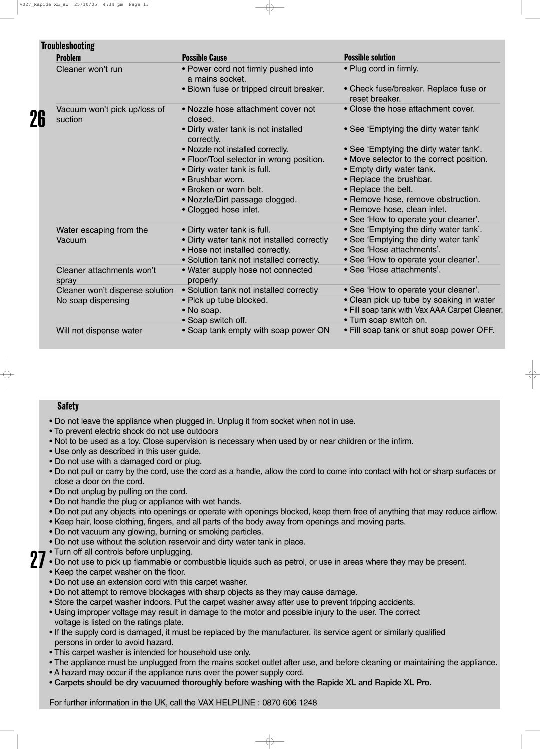 Vax VO27 manual Troubleshooting, Safety 