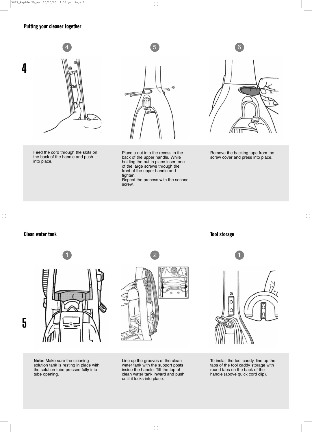Vax VO27 manual Clean water tank, Tool storage 