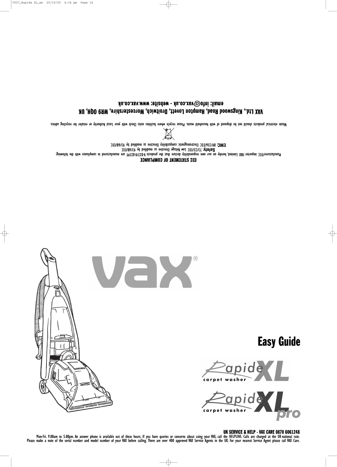 Vax VO27 manual Easy Guide, Uk Service & Help - Vax Care 