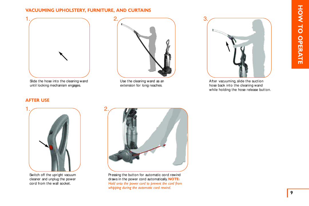 Vax X3 owner manual Vacuuming UPHOLSTERY, FURNITURE, and Curtains, After USE, Slide the hose into the cleaning wand 