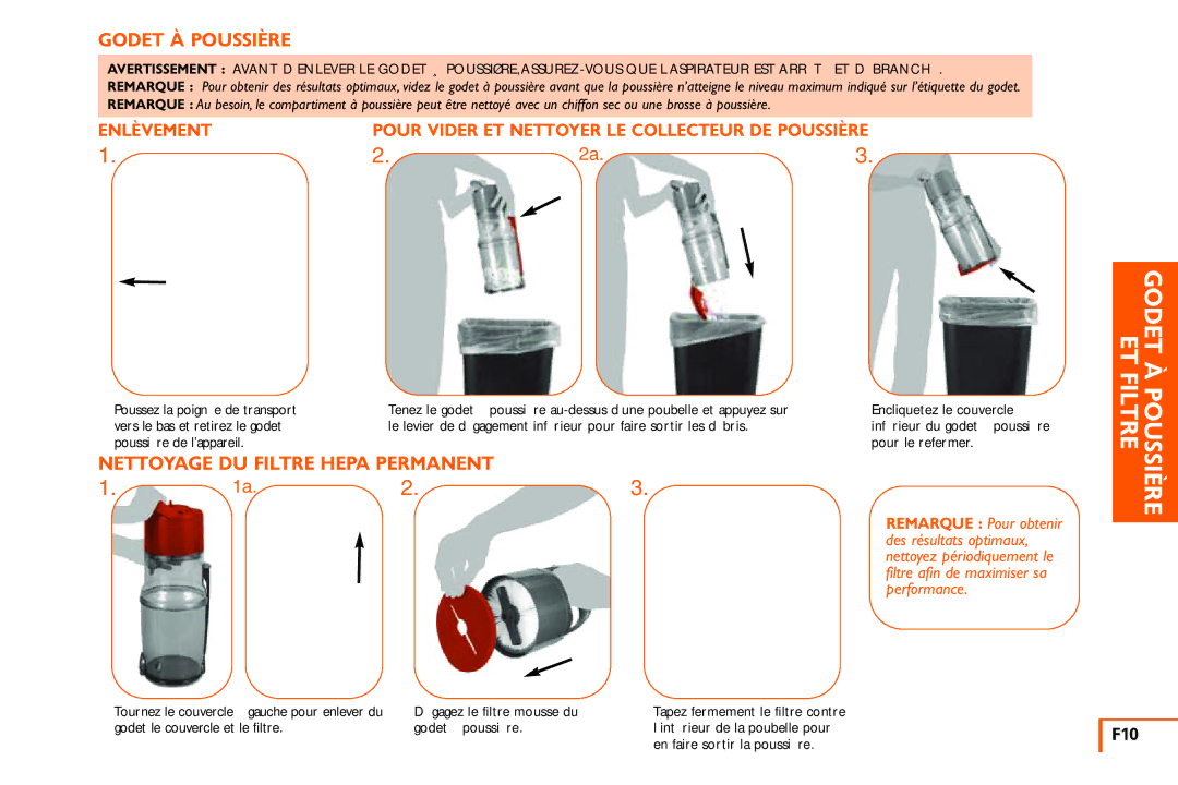 Vax X3 owner manual Enlèvement, F10, Poussez la poignée de transport 