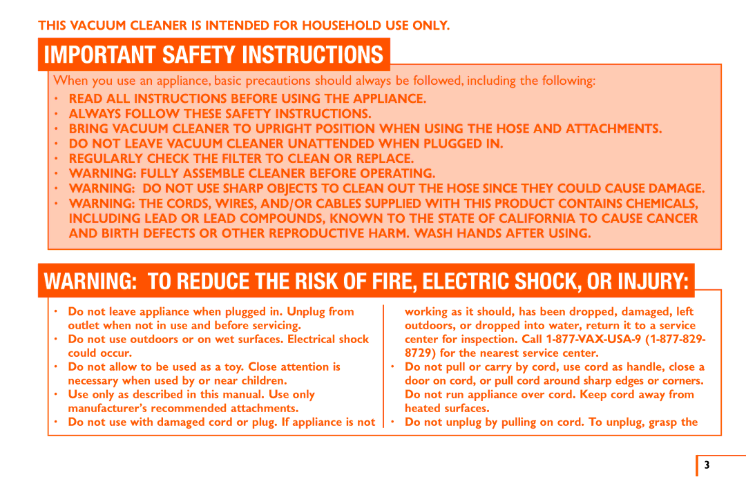 Vax X3 owner manual Important Safety Instructions 