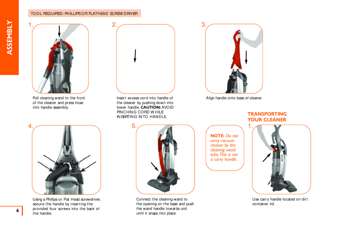 Vax X3 owner manual Assembly, Transporting Your Cleaner, Align handle onto base of cleaner 