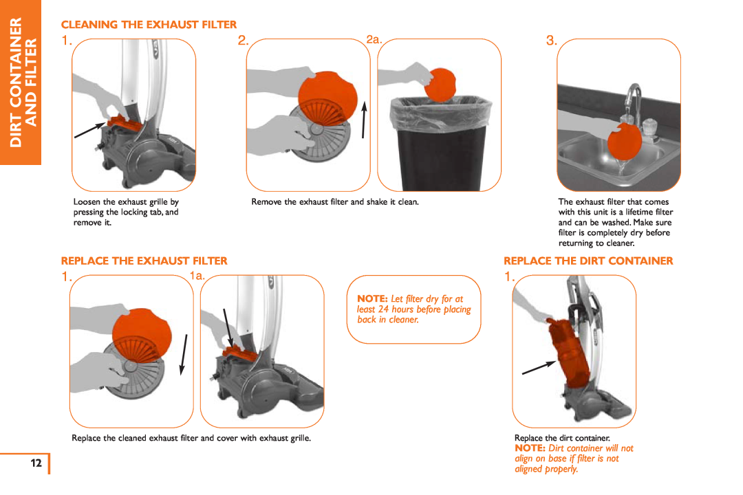 Vax X3 owner manual 1.1a, Dirt Container And Filter, Cleaning The Exhaust Filter, Replace The Exhaust Filter 