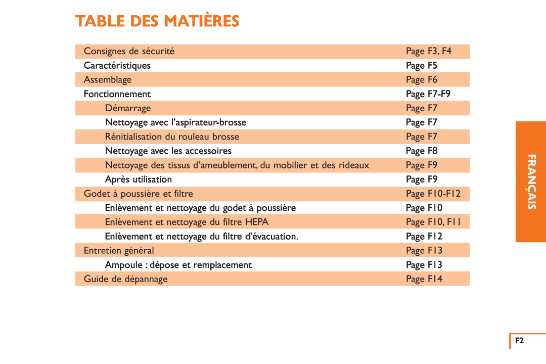 Vax X3 owner manual Table Des Matières, Français 