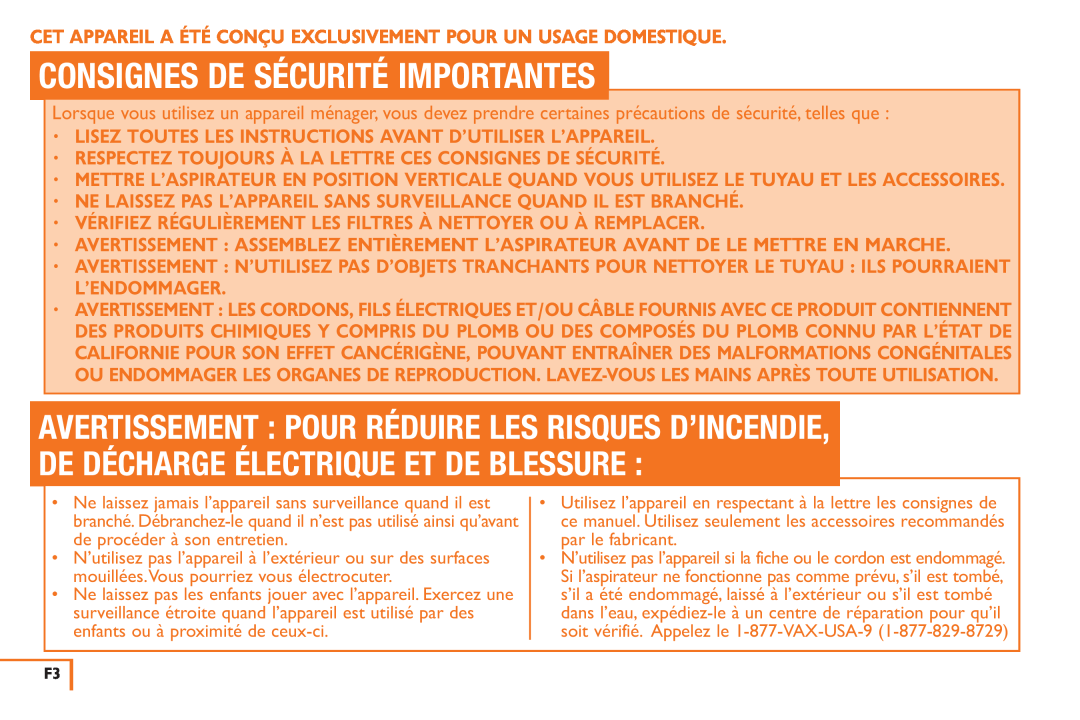 Vax X3 owner manual Consignes De Sécurité Importantes, De Décharge Électrique Et De Blessure 