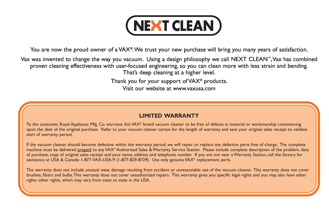 Vax X3 owner manual That’s deep cleaning at a higher level, Thank you for your support of VAX products, Limited Warranty 