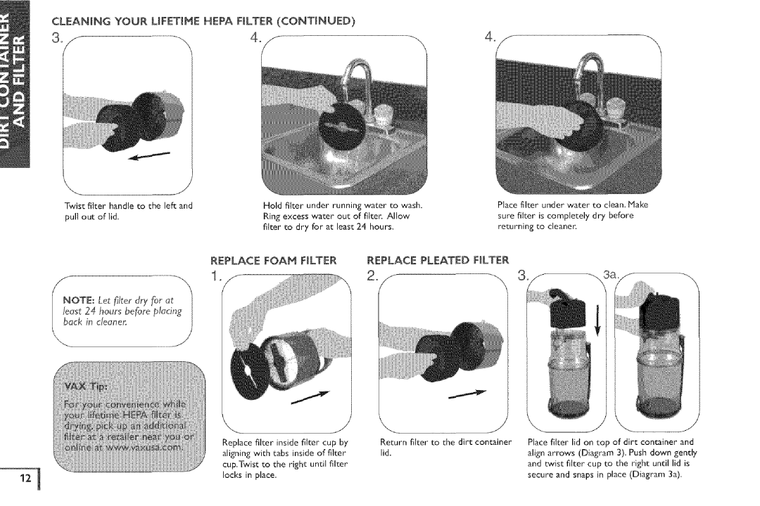 Vax X5 owner manual Replace Foam Filter, Replace Pleated Flter, Lid 