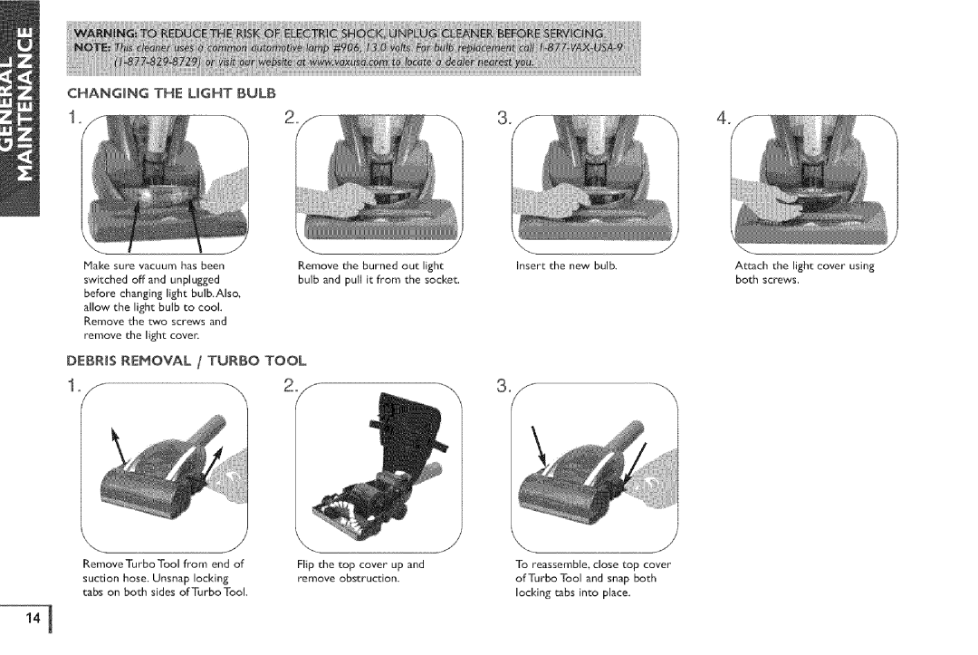 Vax X5 owner manual 12.f, Debris Removal / Turbo Tool 