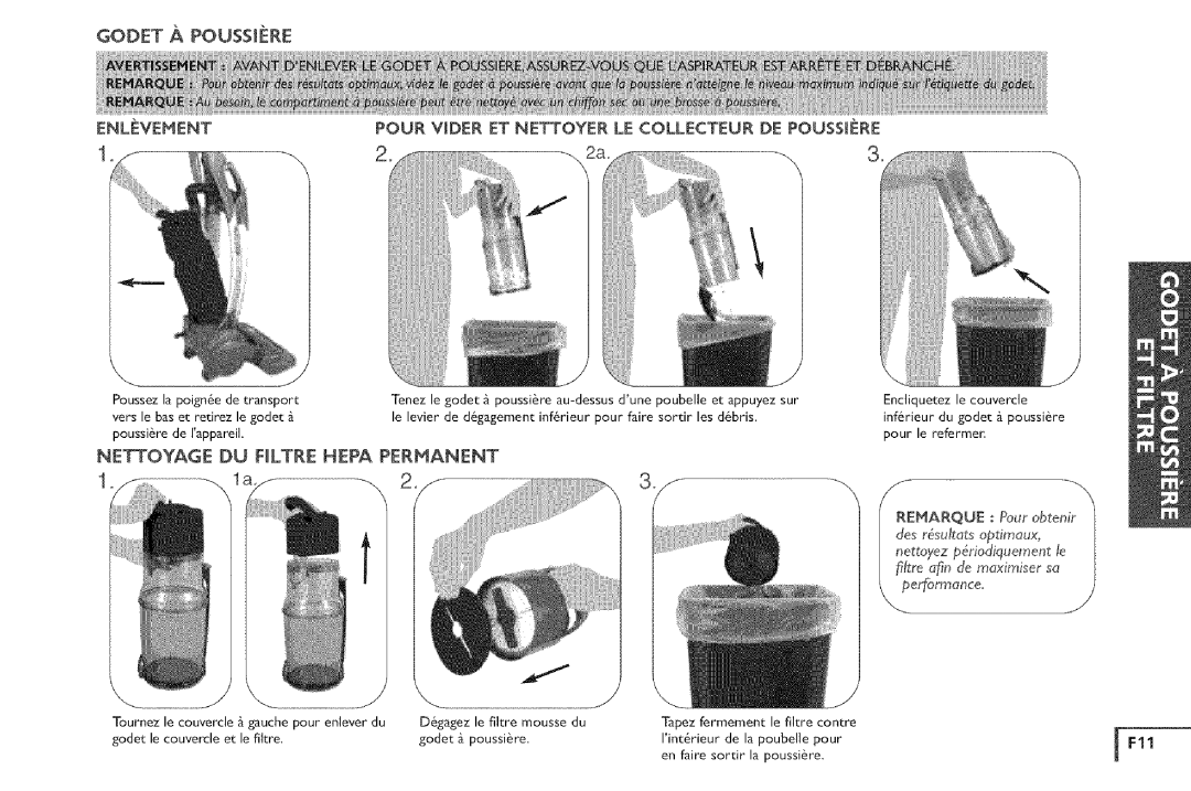 Vax X5 owner manual Pour Vder ElF Nettoyer LE Collecteur DE Poussiere, Encliquetez le couvercle 