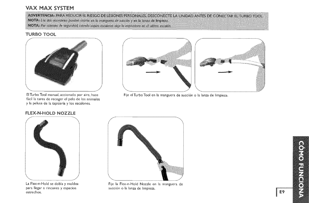 Vax X5 owner manual Turbo Tool, FLEXoNHOLD Nozzle 